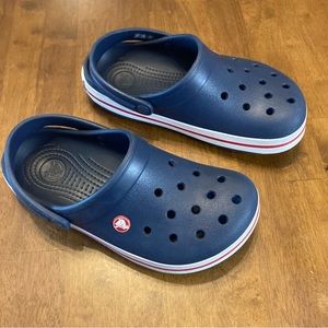 Crocs Crocband Shoes Womens 7 Mens 5 Blue White & Red Clogs Mules Slip On